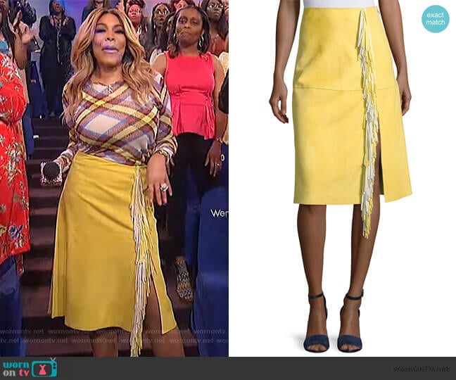 Diane von Furstenberg Side-Slit Fringe Suede Skirt worn by Wendy Williams on The Wendy Williams Show