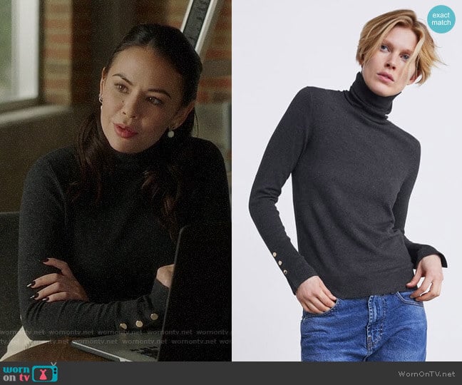 Zara Basic Turtleneck Sweater in Dark Grey Marl worn by Mona Vanderwaal (Janel Parrish) on Pretty Little Liars The Perfectionists
