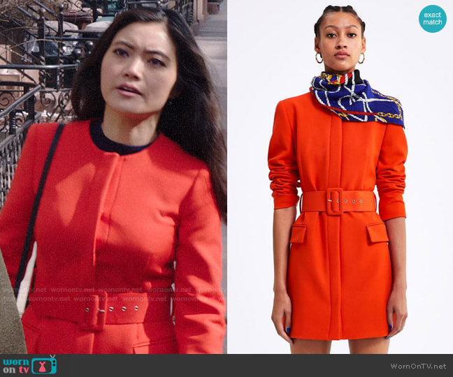 Zara Belted Frock Coat worn by Joy (Jessica Lu) on God Friended Me