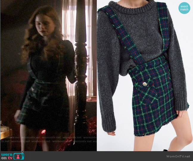 Zara Tweed Overall Skirt worn by Cheryl Blossom (Madelaine Petsch) on Riverdale