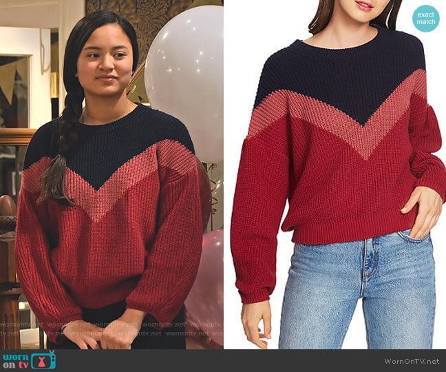 1.State Chevron Crewneck Sweater worn by Xuan (Tiana Le) on No Good Nick