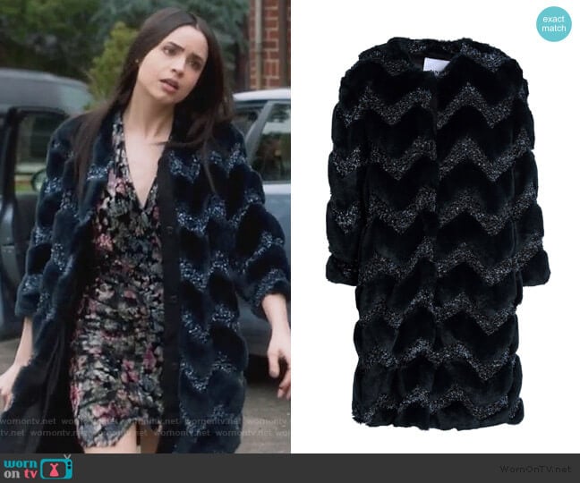 Ainea Metallic bouclé-trimmed faux fur coat worn by Ava Jalali (Sofia Carson) on Pretty Little Liars The Perfectionists
