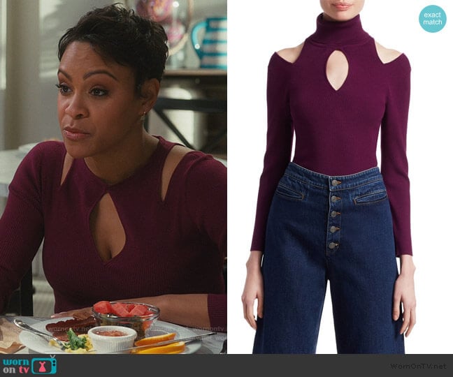 A.L.C. Matera Cutout Turtleneck Sweater worn by Angela (Carly Hughes
) on American Housewife