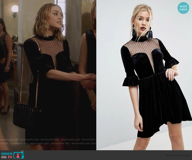 ASOS Velvet & Dobby Mix Deep Plunge Skater Mini Dress worn by Taylor Hotchkiss (Hayley Erin) on Pretty Little Liars The Perfectionists