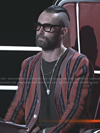 Adam Levine’s horsebit print striped cardigan on The Voice