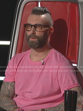 Adam Levine’s pink Saint Laurent logo print tee on The Voice