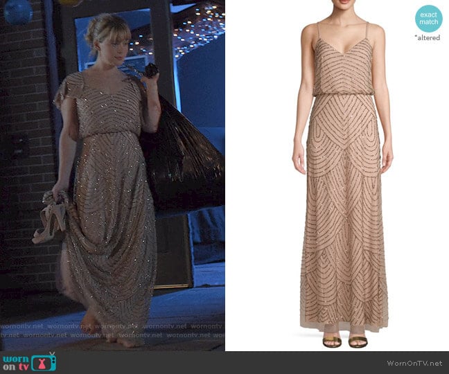 Adrianna Papell Embellished Blouson Long Dress worn by Cassandra Pressman (Rachel Keller) on The Society