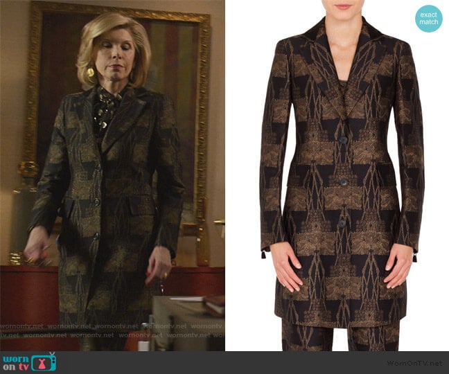 Akris Todd Button-Front Fruit of Vienna Metallic-Jacquard Coat worn by Diane Lockhart (Christine Baranski) on The Good Fight