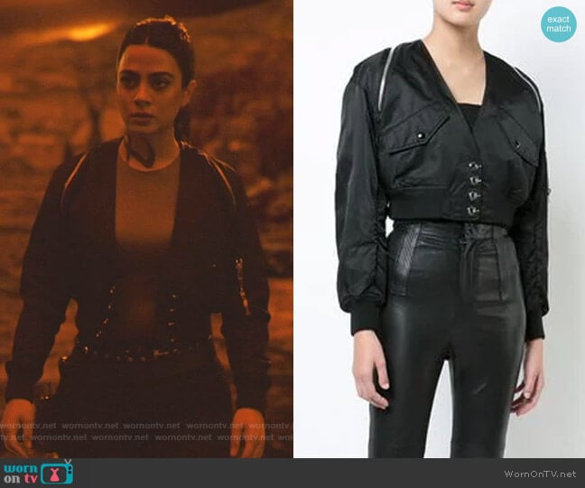 Alexander Wang V-Neck Cropped Bomber Jacket worn by Isabelle Lightwood (Emeraude Toubia ) on Shadowhunters