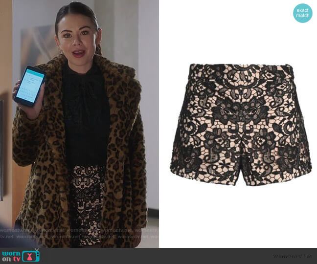 Alice + Olivia Marisa Guipure Lace Shorts worn by Mona Vanderwaal (Janel Parrish) on Pretty Little Liars The Perfectionists