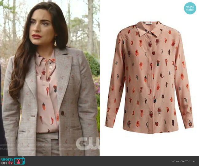 Altuzarra Chika peacock feather-Print Silk Blouse worn by Cristal Jennings (Daniella Alonso) on Dynasty