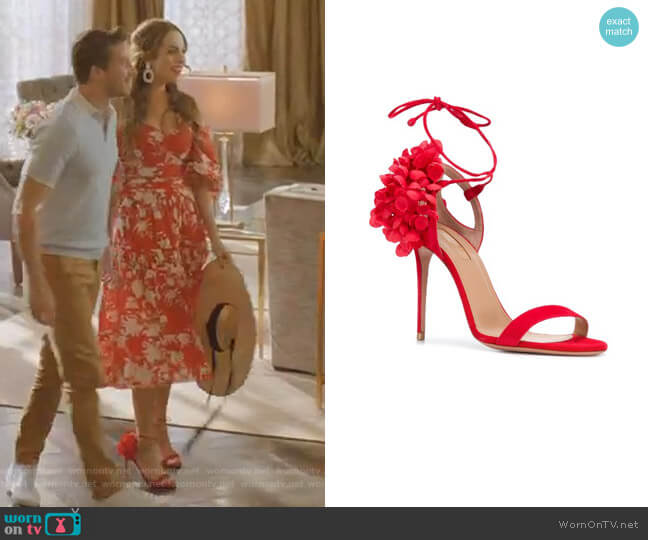 Aquazzura Lily of the Valley sandals worn by Fallon Carrington (Elizabeth Gillies) on Dynasty