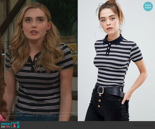 ASOS Bershka Button Striped ribbed t shirt worn by Taylor Otto (Meg Donnelly) on American Housewife