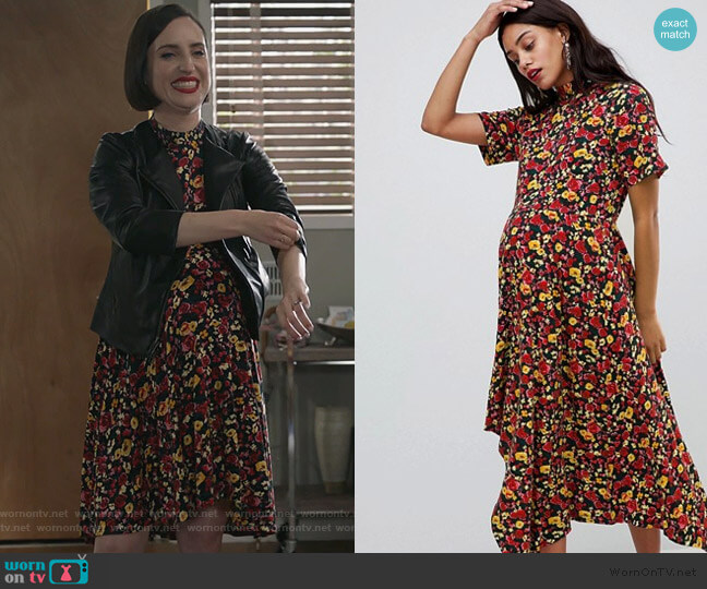 ASOS Maternity tea dress with asymmetric hem in floral print worn by Jennifer Short (Zoe Lister-Jones) on Life in Pieces