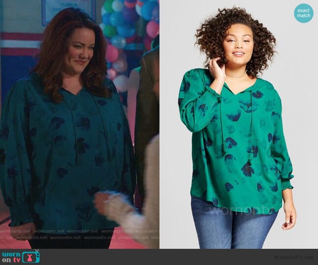 Ava and Viv Green Floral Blouse worn by Katie Otto (Katy Mixon) on American Housewife