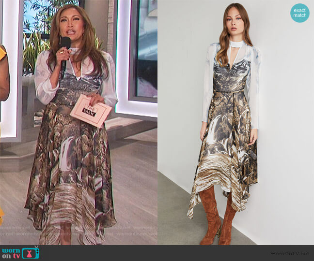 BCBGMAXAZRIA Abstract Landscape Handkerchief Dress worn by Carrie Inaba on The Talk