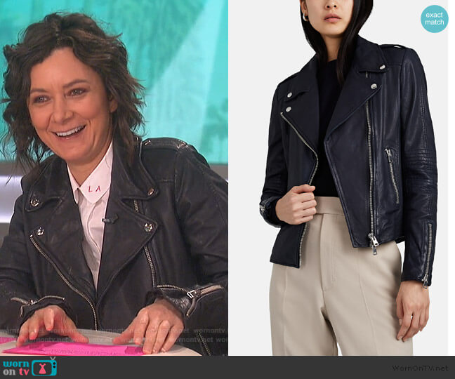 Barneys New York Leather Moto Jacket worn by Sara Gilbert on The Talk