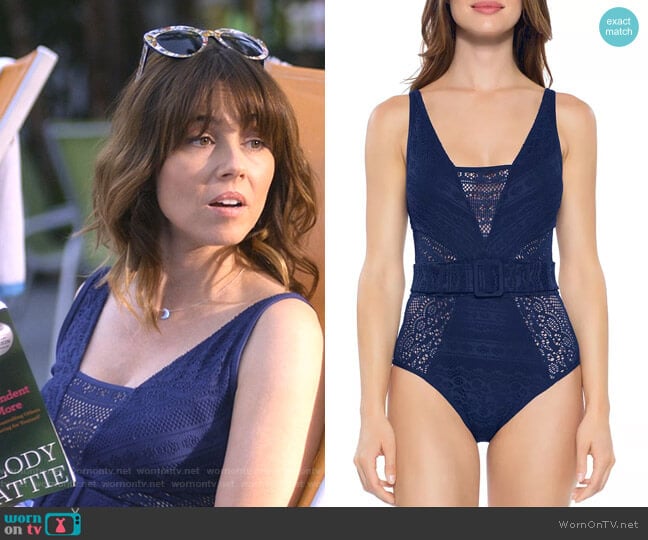 Becca by Rebecca Virtue Belted Crochet One Piece Swimsuit worn by Judy Hale (Linda Cardellini) on Dead to Me