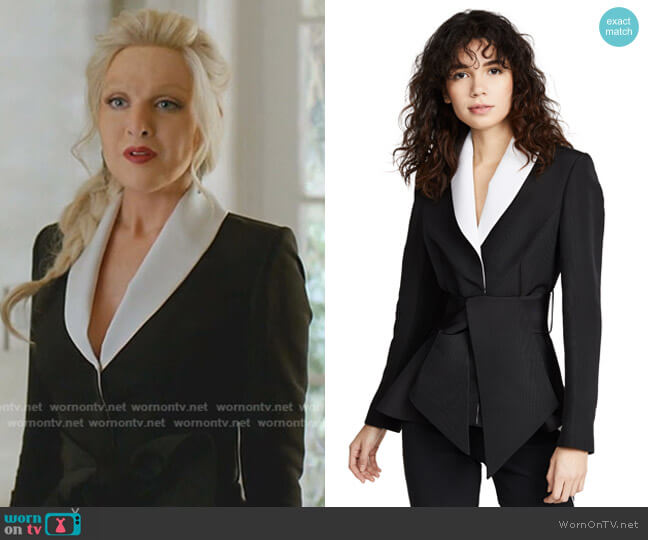 Brandon Maxwell Tuxedo Peplum Jacket worn by Alexis Carrington (Elaine Hendrix) on Dynasty