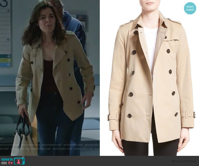 Burberry Kensington Short Trench Coat worn by Heather Hughes (Betsy Brandt) on Life in Pieces