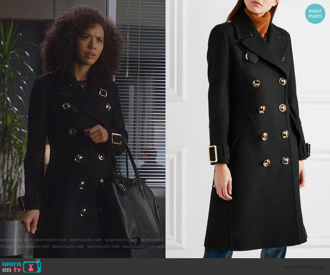 Burberry Leather-trimmed double-breasted coat worn by Allison Adams (Jasmin Savoy Brown) on For the People