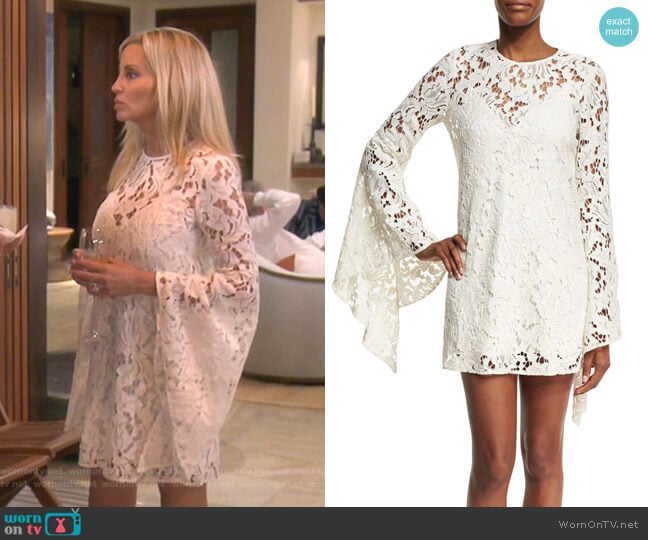 Camilla and Marc Farrow Bell-Sleeve Lace Cocktail Dress worn by Camille Grammer on The Real Housewives of Beverly Hills
