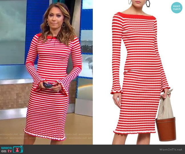 Caroline Constas Off-the-Shoulder Striped Ribbed-Knit Dress worn by Ginger Zee on Good Morning America