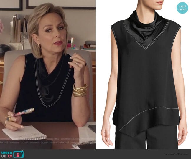 Derek Lam Sleeveless Satin Mock-Neck Handkerchief Blouse worn by Jacqueline (Melora Hardin) on The Bold Type
