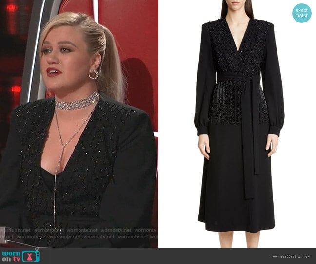 Dries Van Noten Dove Embellished Long Sleeve Wrap Dress worn by Kelly Clarkson on The Voice