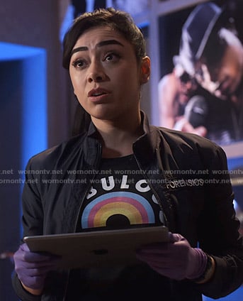 Ella’s black rainbow print tee on Lucifer