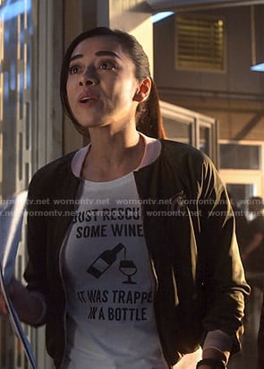 Ella’s white I Just Rescued Some Wine tee on Lucifer