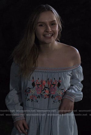 Elle’s blue floral embroidered off-shoulder dress on The Society