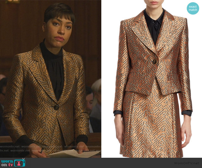 Emporio Armani One-Button Animal Jacquard Jacket worn by Lucca Quinn (Cush Jumbo) on The Good Fight