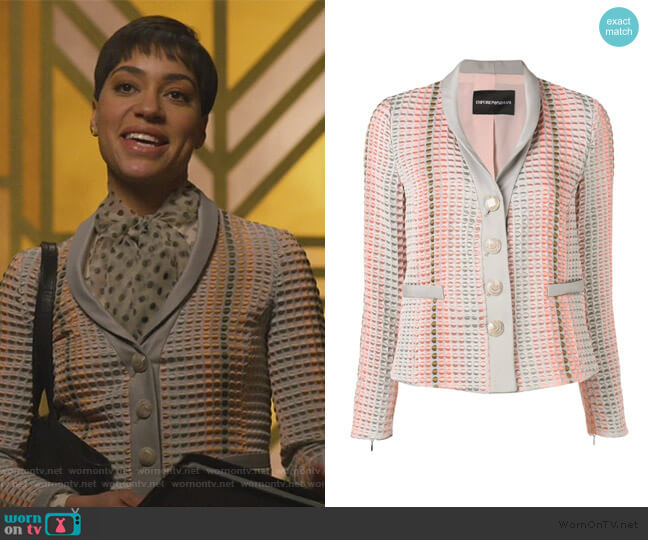 Emporio Armani textured button blazer worn by Lucca Quinn (Cush Jumbo) on The Good Fight