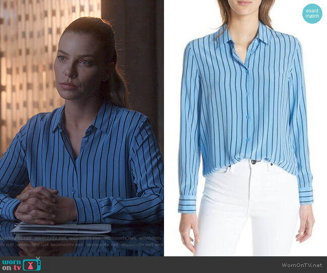 Equipment Essential Stripe Shirt In Academy Blue worn by Chloe Decker (Lauren German) on Lucifer