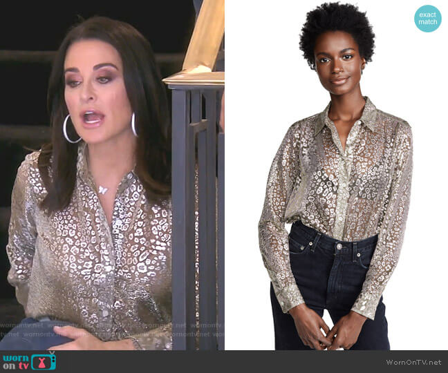 Equipment Metallic Leopard Lace Essential Button Down Shirt worn by Kyle Richards on The Real Housewives of Beverly Hills