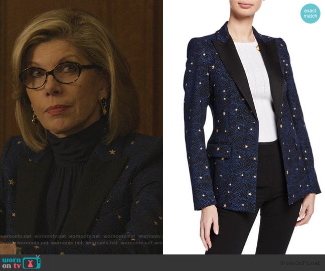 Escada Night Sky Jacquard Jacket worn by Diane Lockhart (Christine Baranski) on The Good Fight