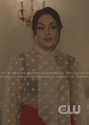 Fallon’s polka dot sheer top on Dynasty