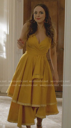 Fallon’s yellow fringed tiered dress on Dynasty