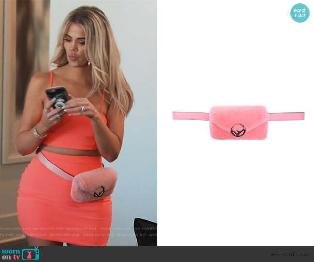 Fendi F is Fendi Pink  Shearling Belt Bag worn by Khloe Kardashian on Keeping Up with the Kardashians