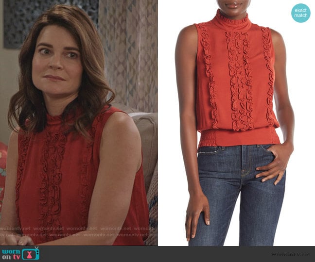 Frame Denim Ruffled Mock Neck Sleeveless Blouse worn by Heather Hughes (Betsy Brandt) on Life in Pieces