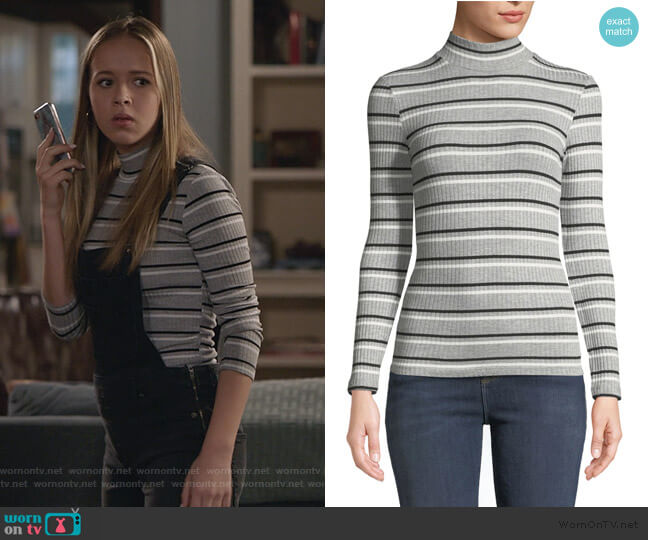 Frame Striped Rib-Knit Mock-Turtleneck Top worn by Samantha Hughes (Holly Barrett) on Life in Pieces