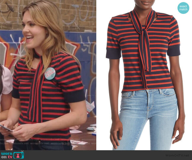 Frame Denim Striped Tie Neck Tee worn by Sutton (Meghann Fahy) on The Bold Type