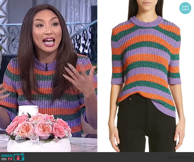 Ganni Metallic Stripe Sweater worn by Jeannie Mai on The Real