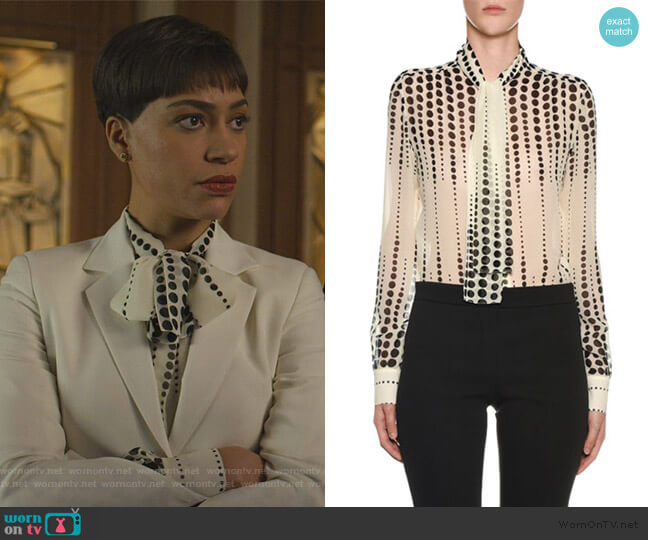 Giambattista Valli Polka dot-print pussy-bow silk blouse worn by Lucca Quinn (Cush Jumbo) on The Good Fight
