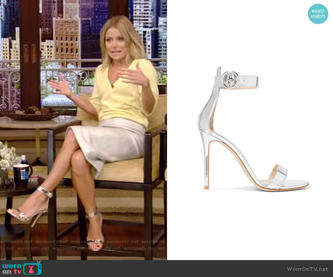 Gianvito Rossi Portofino Metallic Leather Sandals worn by Kelly Ripa on Live with Kelly and Mark