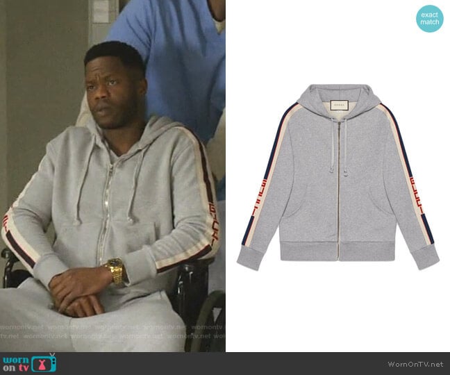 Gucci Hooded Zip-Up Sweatshirt with Gucci Stripe worn by Jeff Colby (Sam Adegoke) on Dynasty