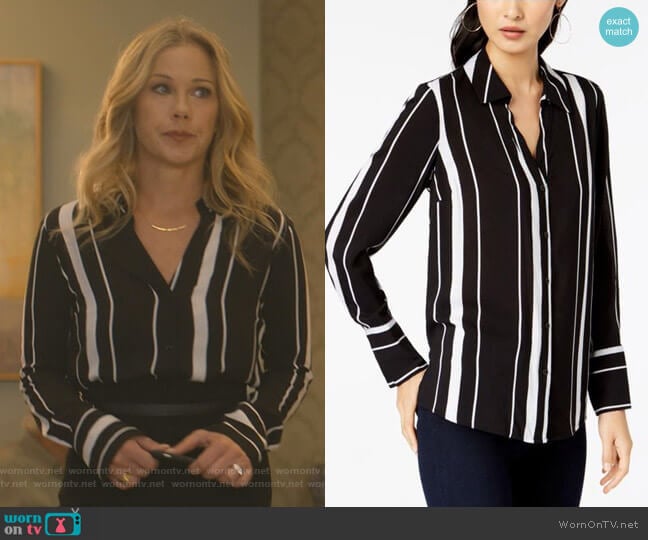 INC International Concepts Striped Button-Front Shirt worn by Jen Harding (Christina Applegate) on Dead to Me