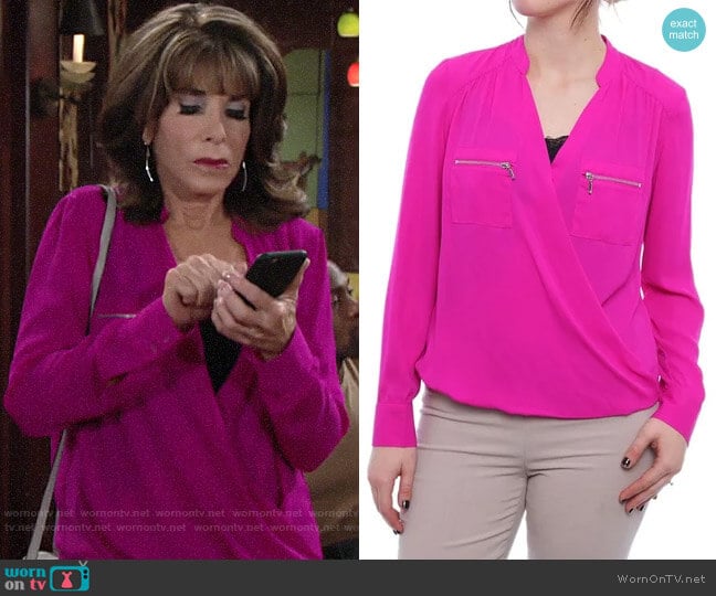 INC International Concepts Zipper-Pocket Surplice Blouse worn by Esther Valentine (Kate Linder) on The Young and the Restless