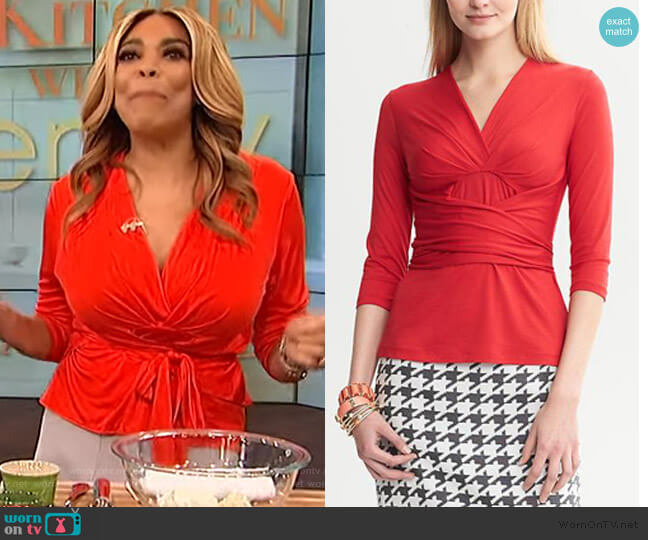 Issa London Red Wrap Top worn by Wendy Williams on The Wendy Williams Show